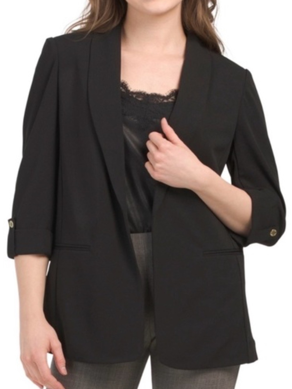 Anne Klein Women M Black 3/4 Roll Tab Sleeves Shawl Collar Open Front Blazer